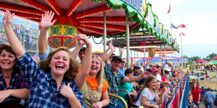 Crowd enjoying rides at Virgil Stampede festival.