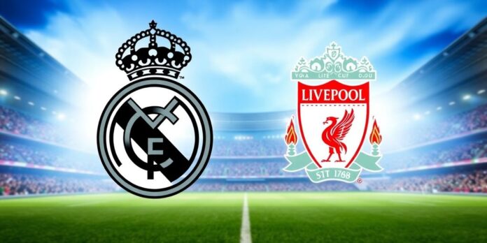 Real Madrid and Liverpool logos with soccer stadium backdrop.