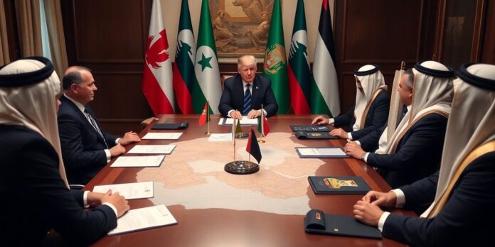 Trump in discussion with Middle Eastern leaders at a table.