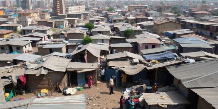 Crowded slum with makeshift houses in Abuja, Nigeria.