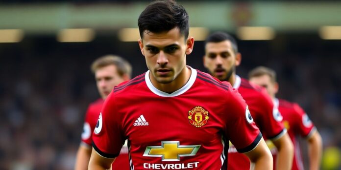 Ruben Amorim in Manchester United jersey on the field.