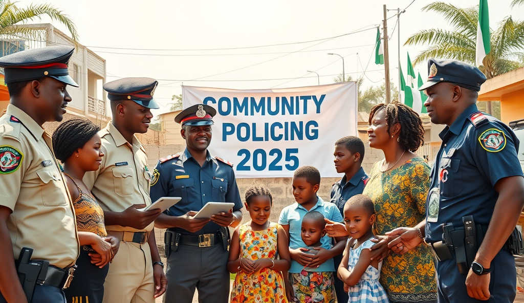 Here is the JSON array with a comprehensive content outline for implementing community policing in Nigeria using WordPress: